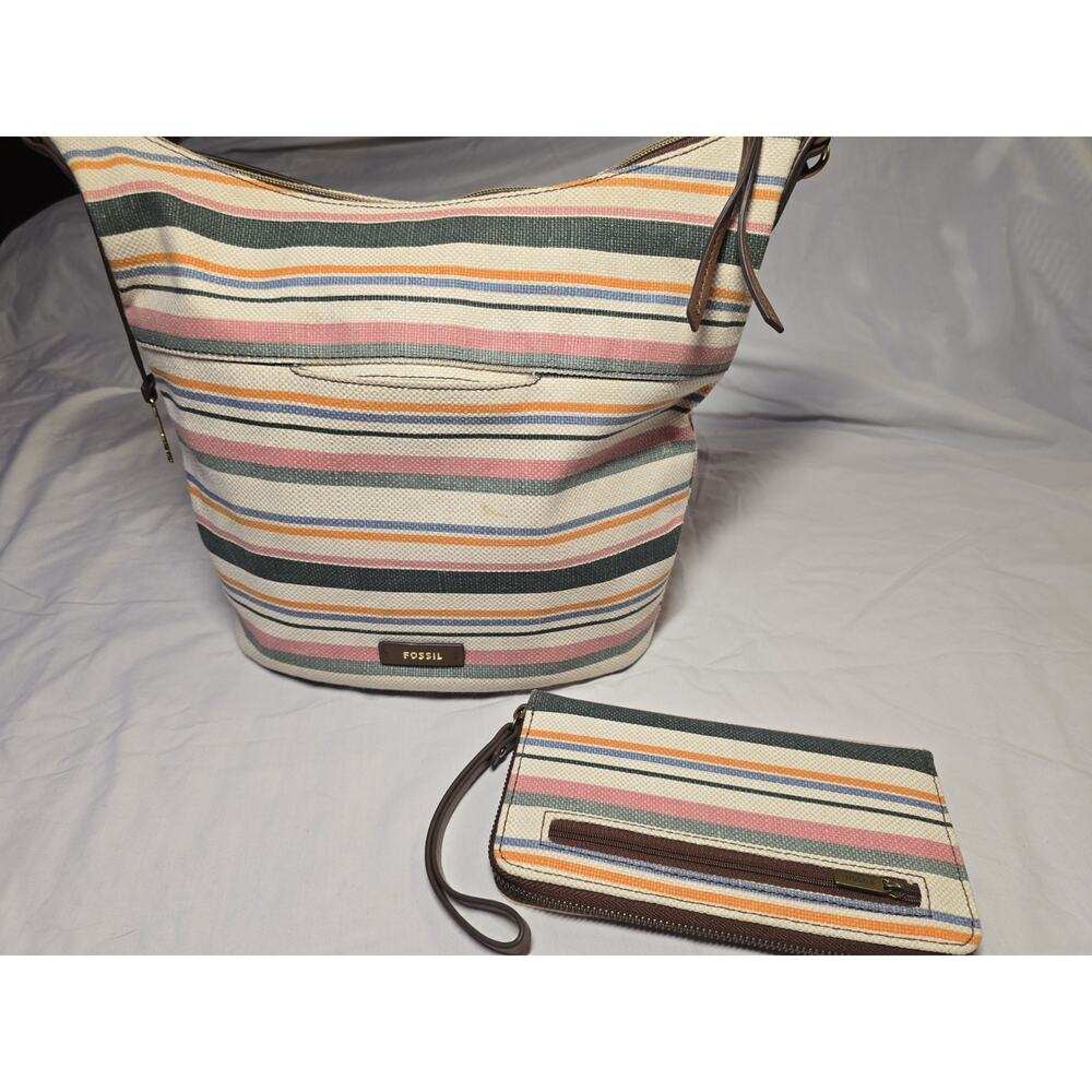 Fossil Canvas Multi Zip Pocket Book Purse Striped With Wallet Stylish Colored